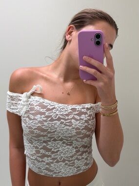 Motel Rocks White Lace Off-Shoulder Crop Top